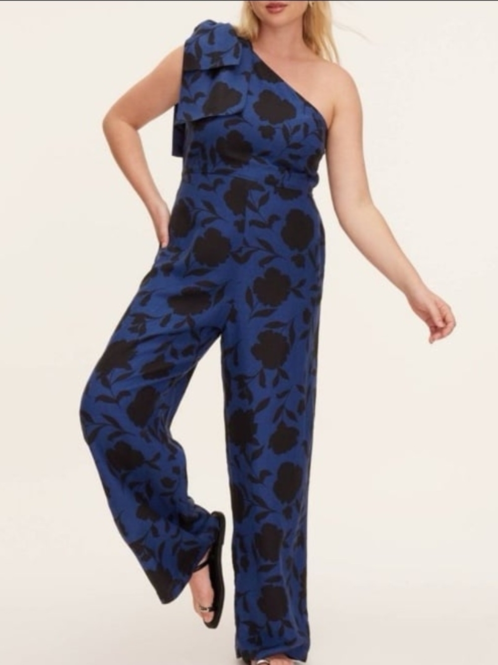Kate Spade One Shoulder Pantsuit Royal Blue  Black Floral Pattern Size 2 NEW